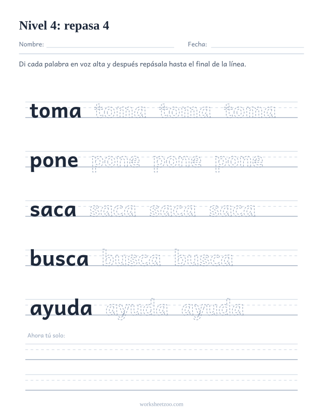 Ficha de lectura para repasar las palabras toma, pone, saca, busca, ayuda sobre pauta