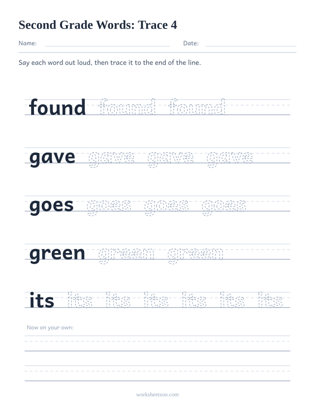 Sight words tracing worksheet, Second Grade words found, gave, goes, green, its on handwriting guides