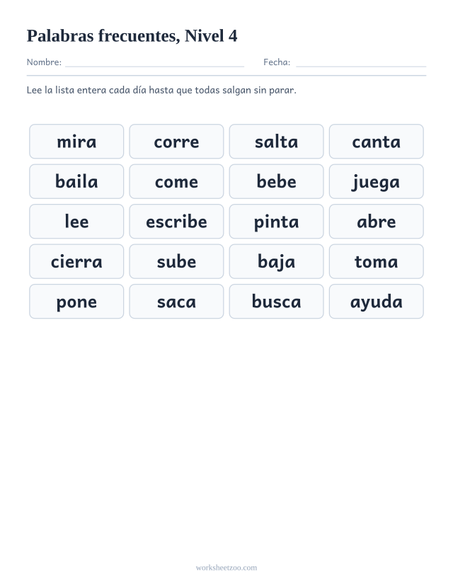 Lista de palabras de uso frecuente del Nivel 4, las 20 palabras en una lámina para imprimir