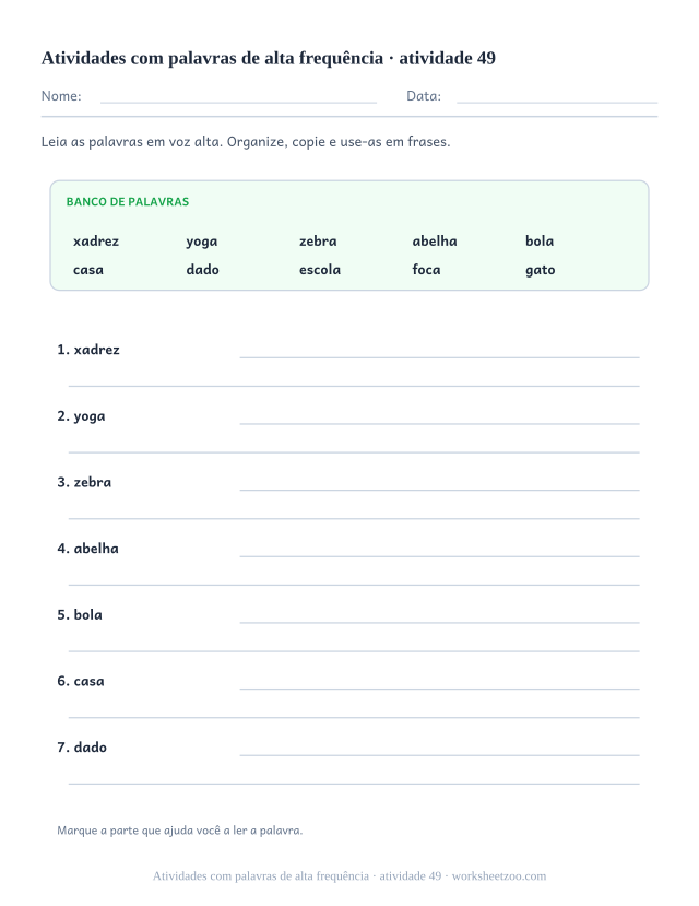 Prévia de Atividades com palavras de alta frequência, atividade 49 para imprimir