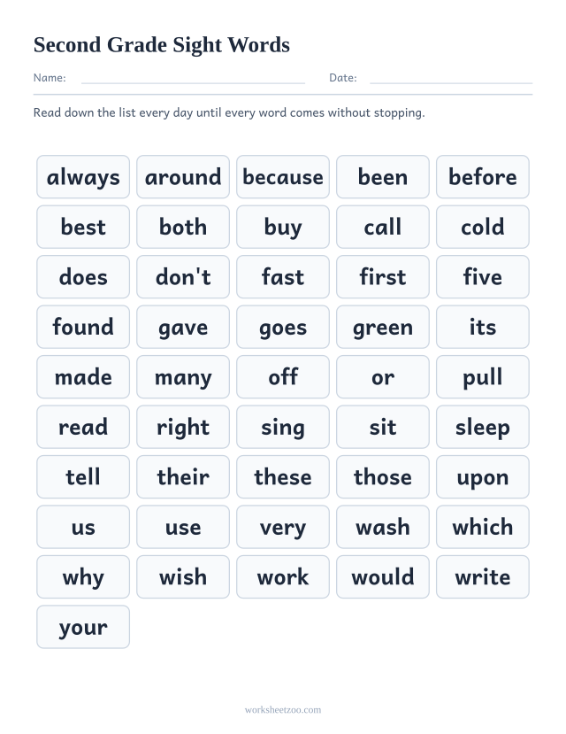 Dolch sight words list for Second Grade level, all 46 words in a printable reference chart