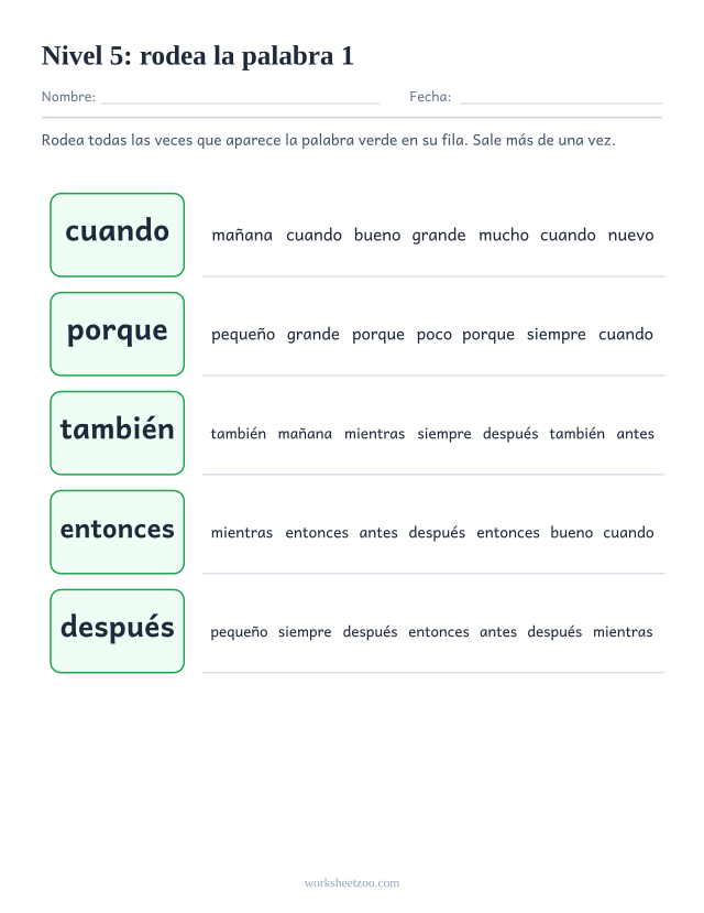 Ficha de lectura para localizar cuando, porque, también, entonces entre palabras parecidas del Nivel 5
