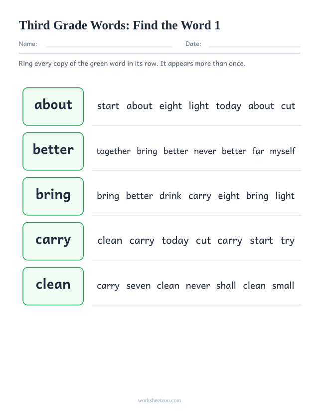 Sight words recognition worksheet, finding about, better, bring, carry among lookalike Third Grade words