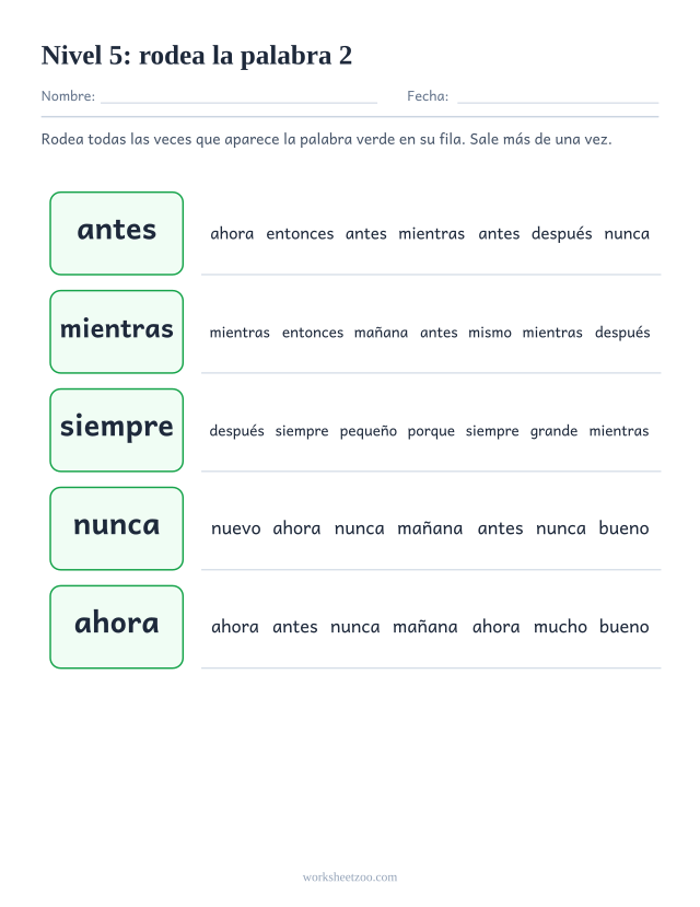 Ficha de lectura para localizar antes, mientras, siempre, nunca entre palabras parecidas del Nivel 5