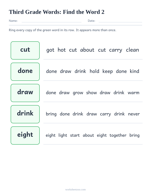 Sight words recognition worksheet, finding cut, done, draw, drink among lookalike Third Grade words