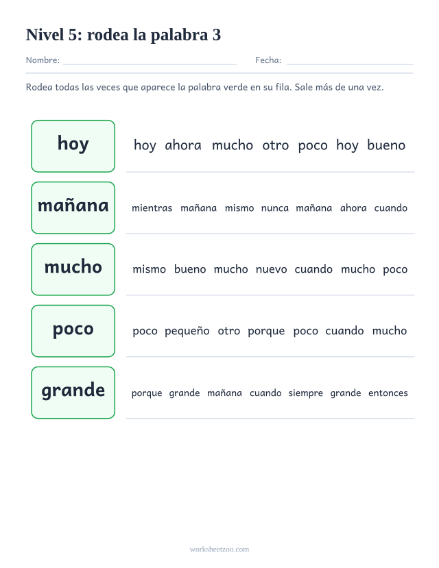 Ficha de lectura para localizar hoy, mañana, mucho, poco entre palabras parecidas del Nivel 5