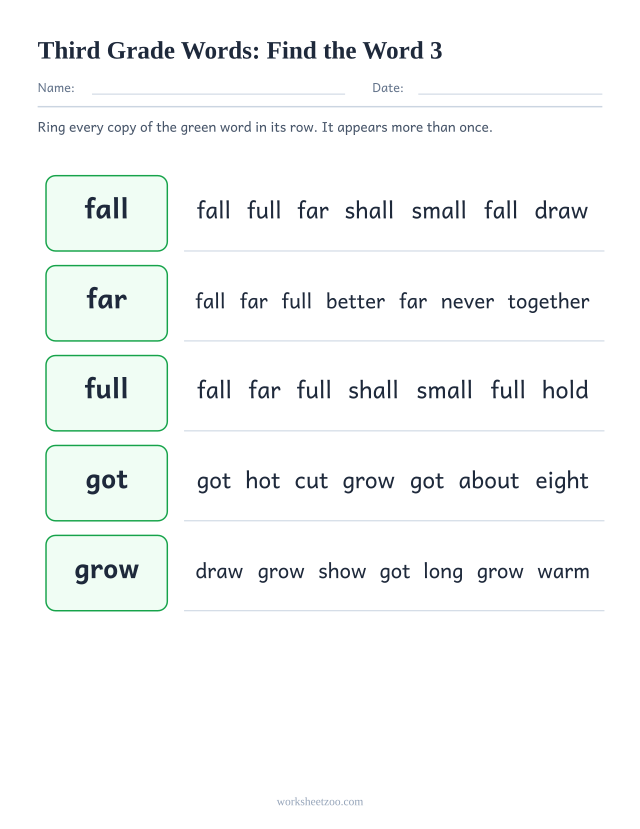 Sight words recognition worksheet, finding fall, far, full, got among lookalike Third Grade words