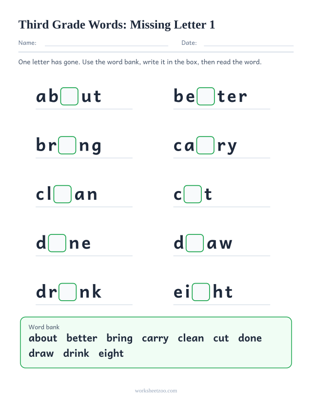 Sight words missing letter worksheet, ten Third Grade words such as about, better, bring, carry with one letter blanked
