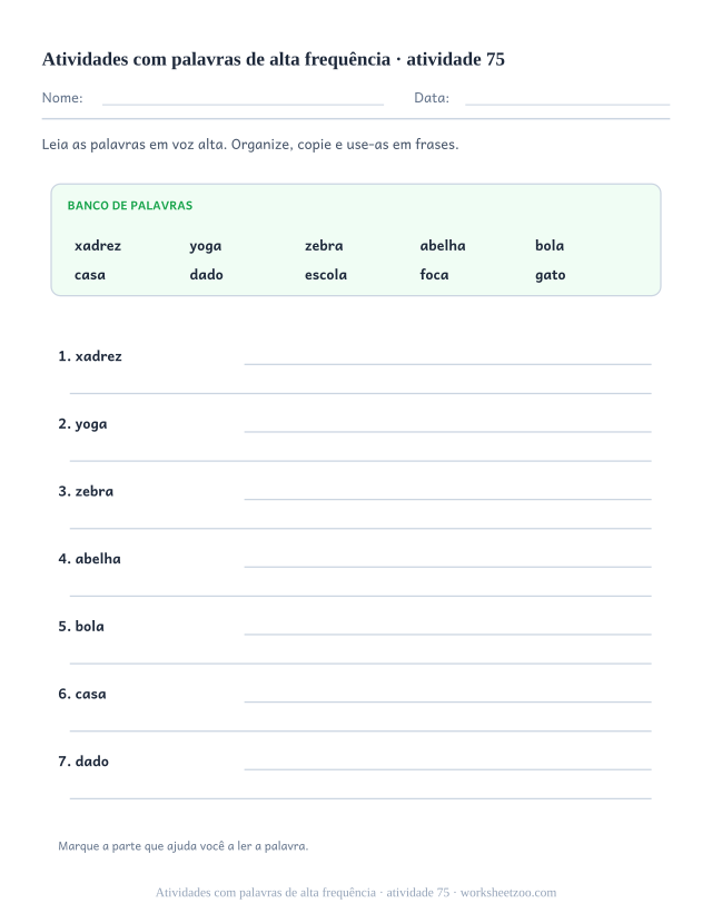 Prévia de Atividades com palavras de alta frequência, atividade 75 para imprimir