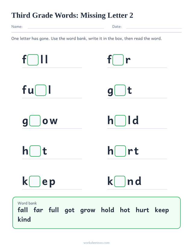 Sight words missing letter worksheet, ten Third Grade words such as fall, far, full, got with one letter blanked