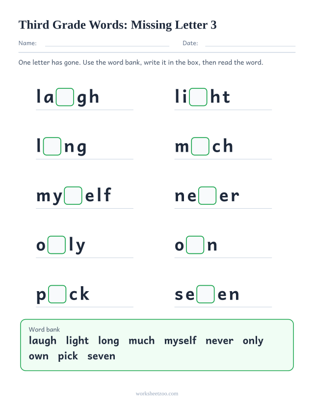 Sight words missing letter worksheet, ten Third Grade words such as laugh, light, long, much with one letter blanked