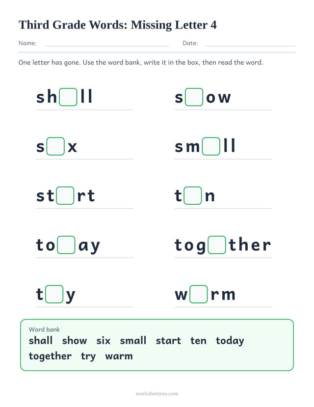 Sight words missing letter worksheet, ten Third Grade words such as shall, show, six, small with one letter blanked