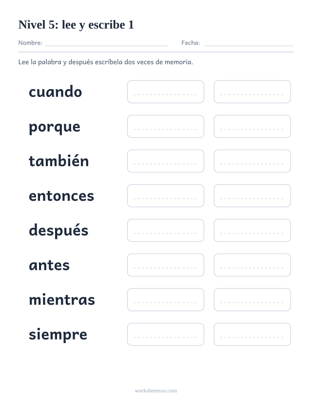 Ficha de lectura para leer y escribir ocho palabras del Nivel 5, entre ellas cuando, porque, también, entonces