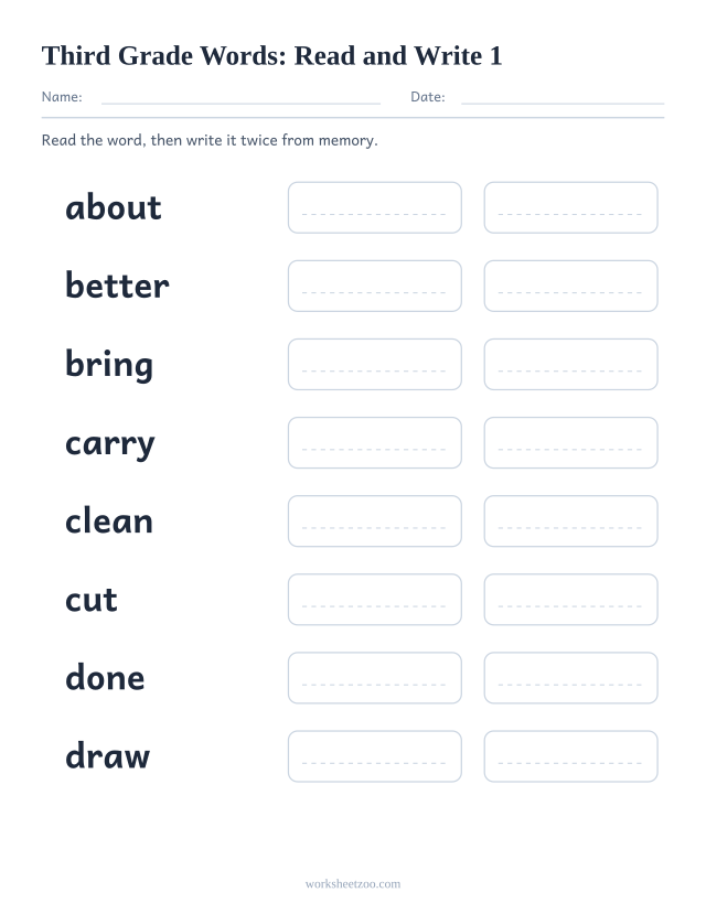 Sight words read and write worksheet, eight Third Grade words including about, better, bring, carry