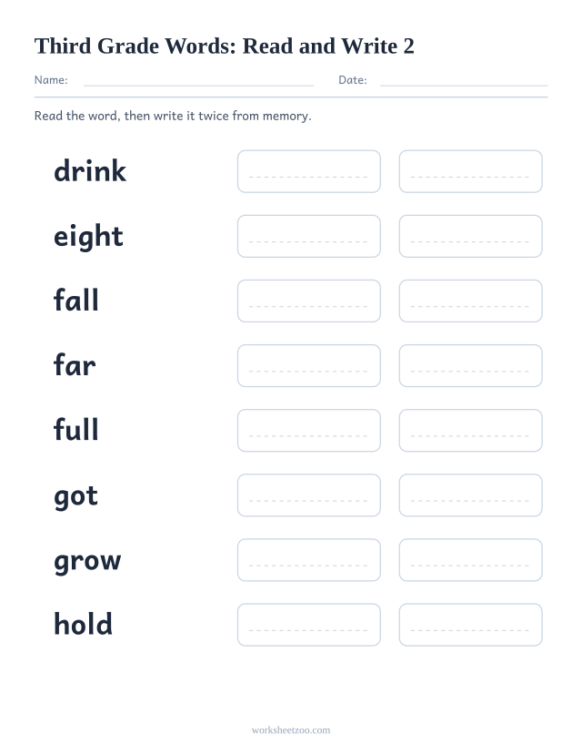 Sight words read and write worksheet, eight Third Grade words including drink, eight, fall, far