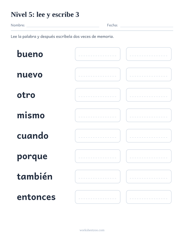 Ficha de lectura para leer y escribir ocho palabras del Nivel 5, entre ellas bueno, nuevo, otro, mismo