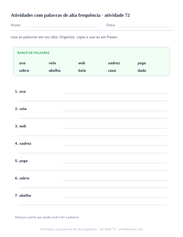 Prévia de Atividades com palavras de alta frequência, atividade 72 para imprimir