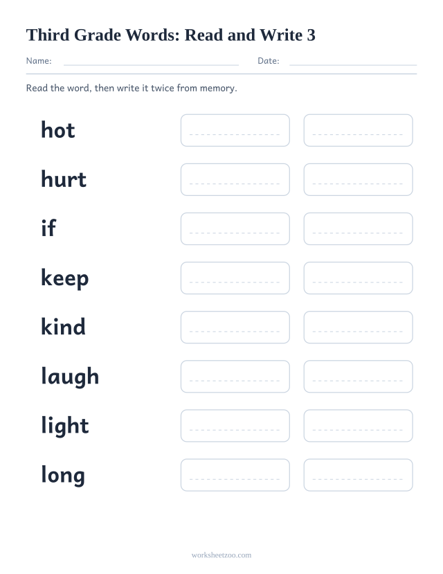 Sight words read and write worksheet, eight Third Grade words including hot, hurt, if, keep