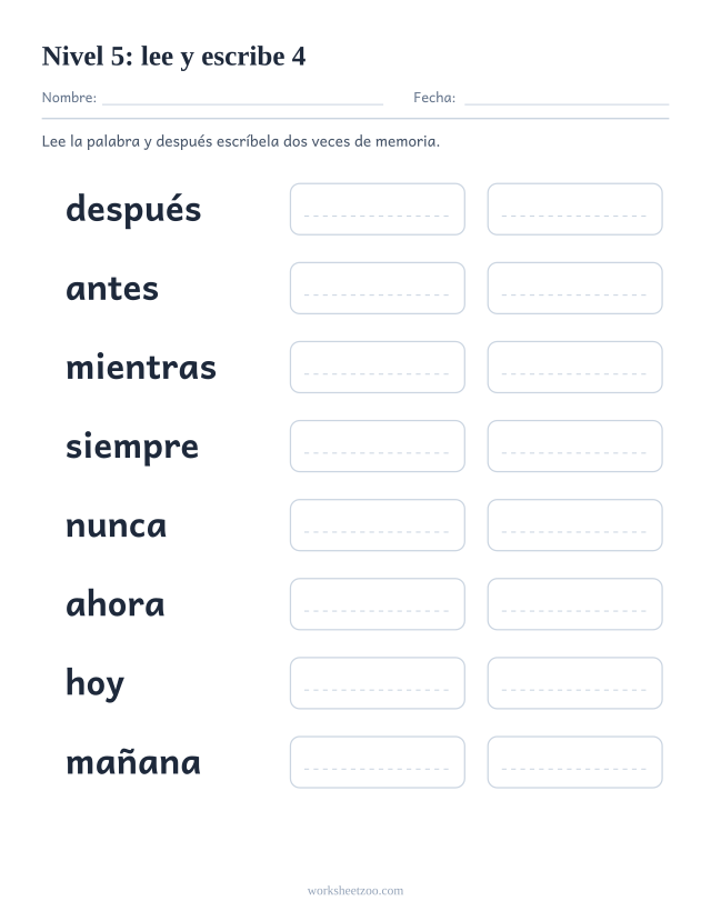 Ficha de lectura para leer y escribir ocho palabras del Nivel 5, entre ellas después, antes, mientras, siempre