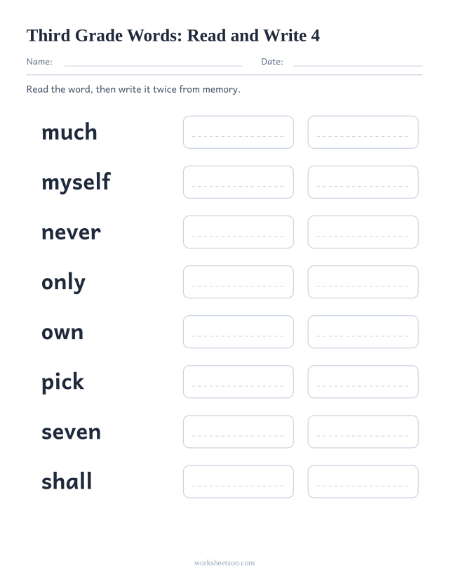 Sight words read and write worksheet, eight Third Grade words including much, myself, never, only