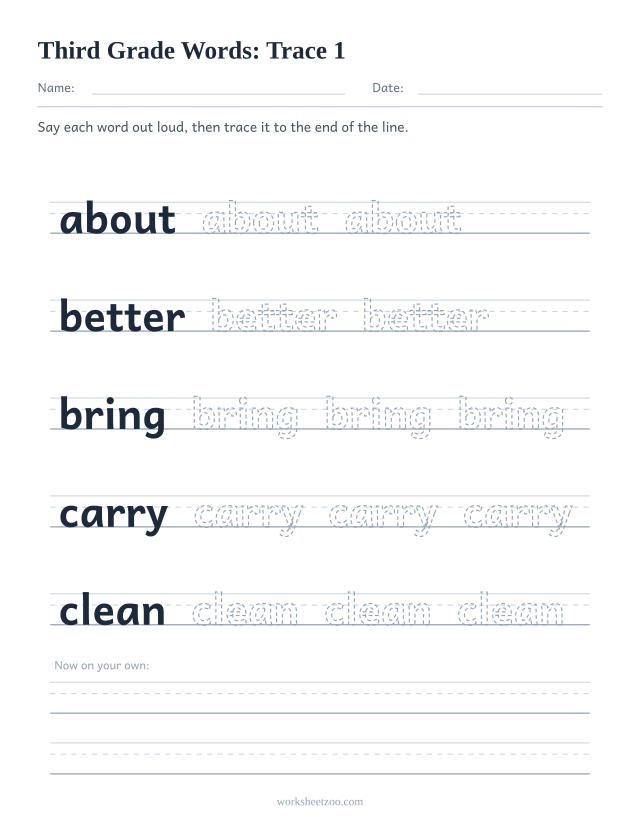 Sight words tracing worksheet, Third Grade words about, better, bring, carry, clean on handwriting guides