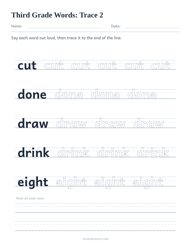 Sight words tracing worksheet, Third Grade words cut, done, draw, drink, eight on handwriting guides