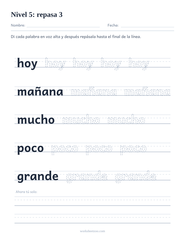 Ficha de lectura para repasar las palabras hoy, mañana, mucho, poco, grande sobre pauta