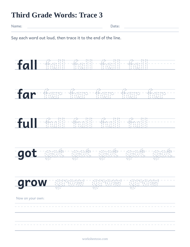 Sight words tracing worksheet, Third Grade words fall, far, full, got, grow on handwriting guides
