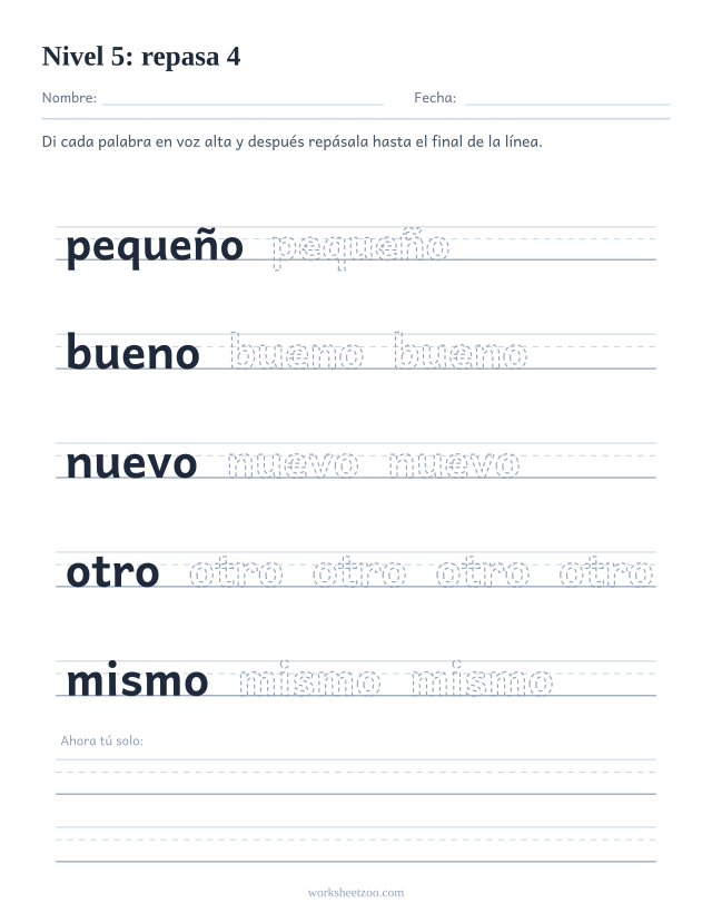 Ficha de lectura para repasar las palabras pequeño, bueno, nuevo, otro, mismo sobre pauta