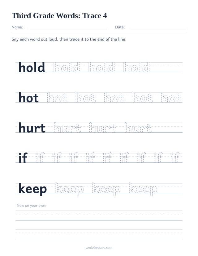 Sight words tracing worksheet, Third Grade words hold, hot, hurt, if, keep on handwriting guides