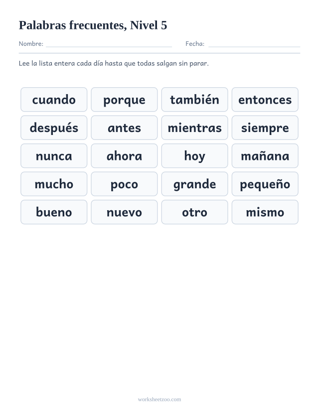 Lista de palabras de uso frecuente del Nivel 5, las 20 palabras en una lámina para imprimir