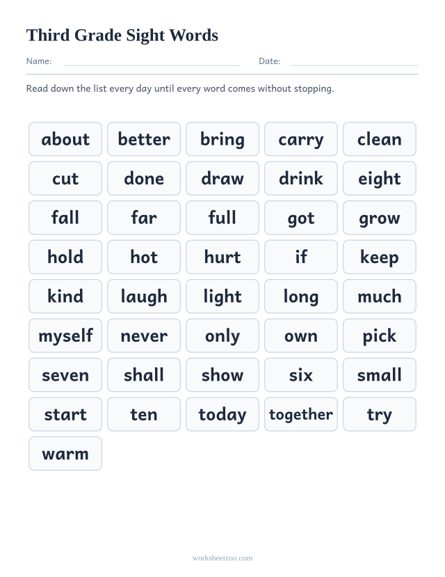 Dolch sight words list for Third Grade level, all 41 words in a printable reference chart