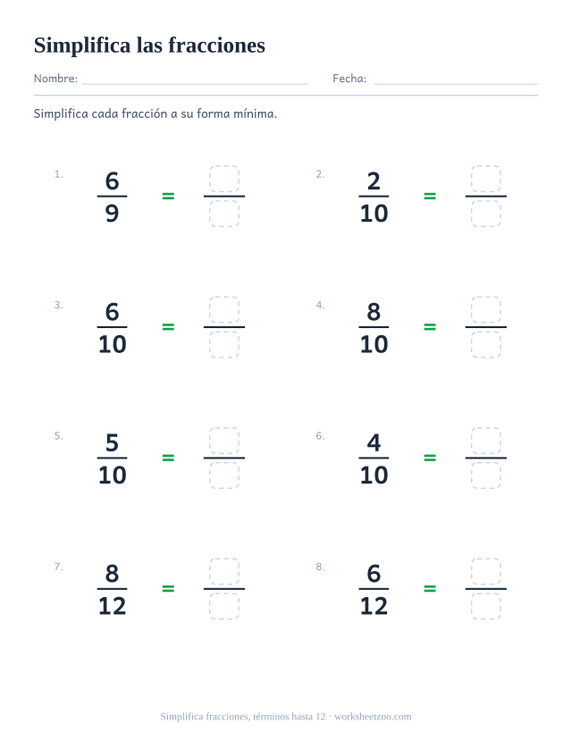 Ficha para simplificar fracciones, 8 fracciones con numeradores y denominadores hasta 12 para reducir a su forma mínima
