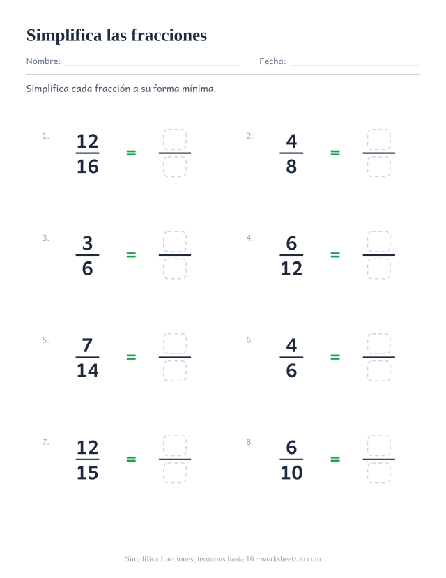 Ficha para simplificar fracciones, 8 fracciones con numeradores y denominadores hasta 16 para reducir a su forma mínima