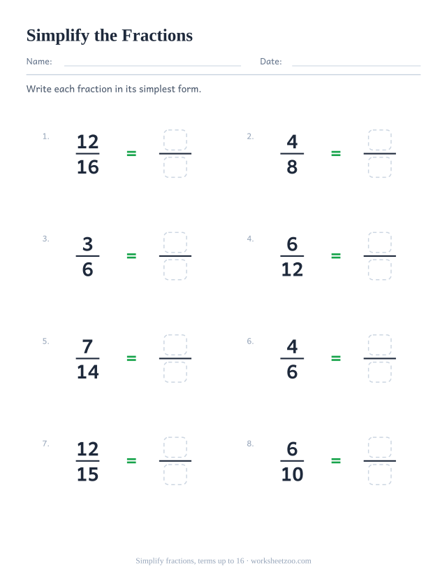 Simplifying fractions worksheet, 8 fractions with numerators and denominators up to 16 to reduce to lowest terms