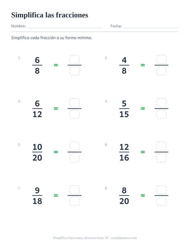 Ficha para simplificar fracciones, 8 fracciones con numeradores y denominadores hasta 20 para reducir a su forma mínima