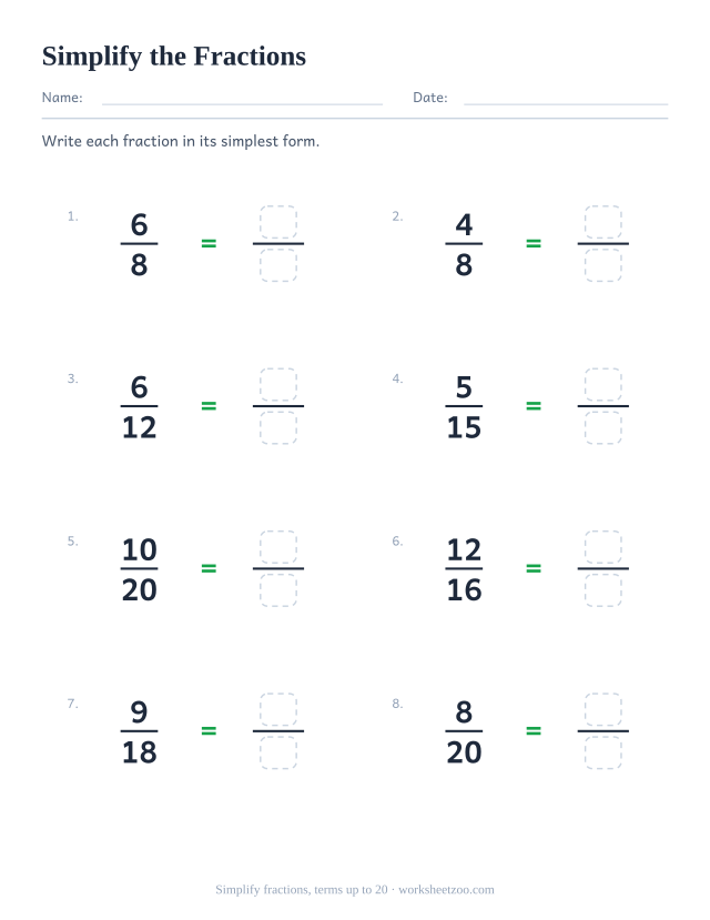 Simplifying fractions worksheet, 8 fractions with numerators and denominators up to 20 to reduce to lowest terms