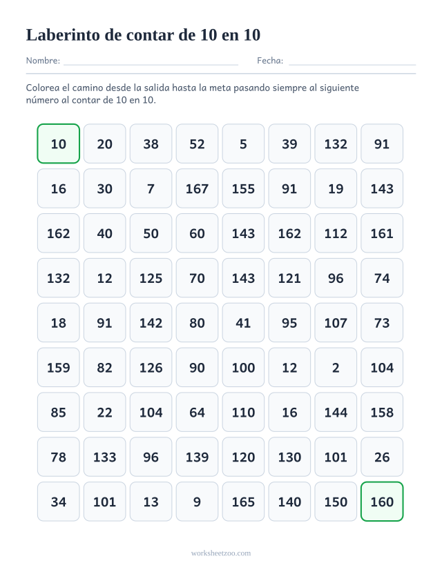 Ficha de laberinto para contar de 10 en 10, cuadrícula de números con un camino de múltiplos de 10 para colorear