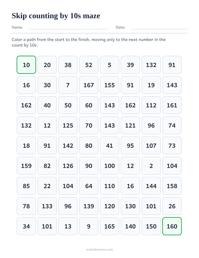 Skip counting by 10s maze worksheet, a number grid with a path of multiples of 10 to color from start to finish