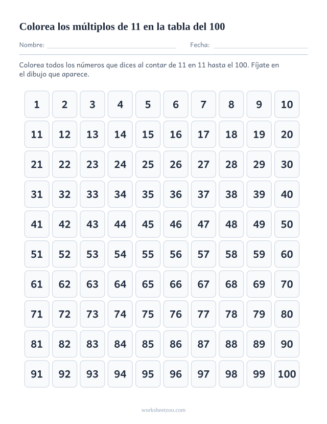 Ficha de la tabla del 100 para contar de 11 en 11, colorea todos los múltiplos de 11 del 1 al 100