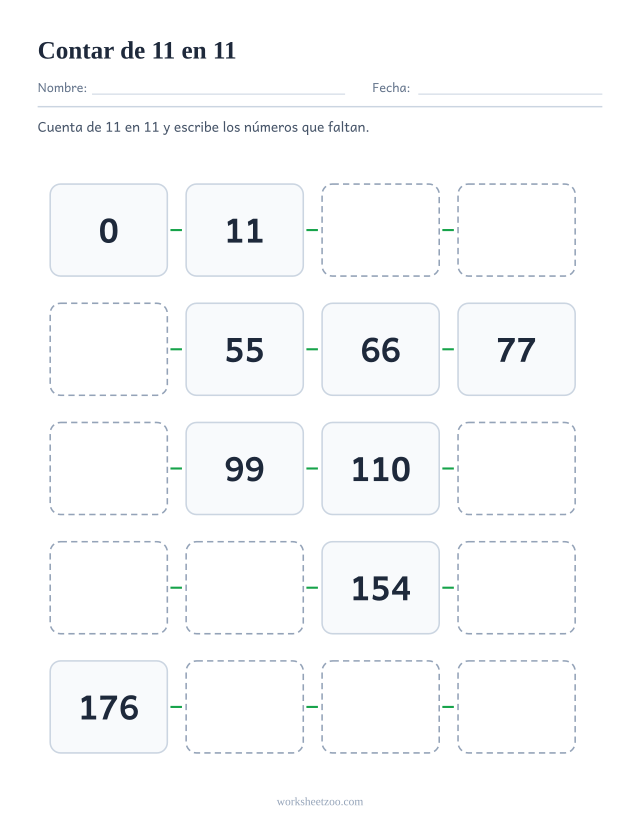Ficha de conteo salteado de 11 en 11, veinte casillas enlazadas del 0 al 209 con números que faltan