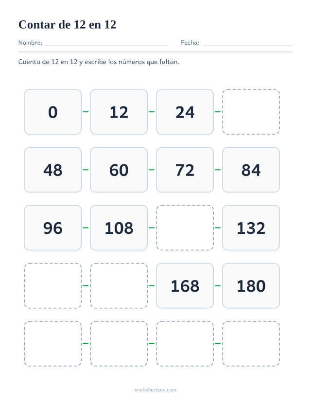 Ficha de conteo salteado de 12 en 12, veinte casillas enlazadas del 0 al 228 con números que faltan