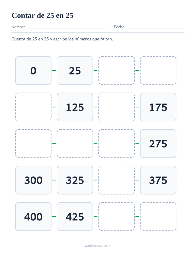 Ficha de conteo salteado de 25 en 25, veinte casillas enlazadas del 0 al 475 con números que faltan