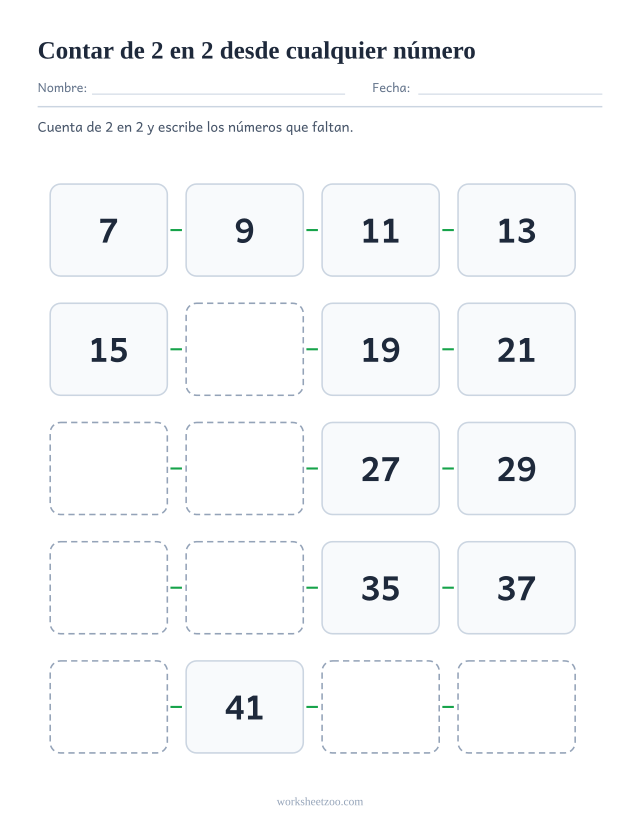Ficha de conteo salteado de 2 en 2 empezando en el 7 y no en un múltiplo, veinte casillas hasta el 45