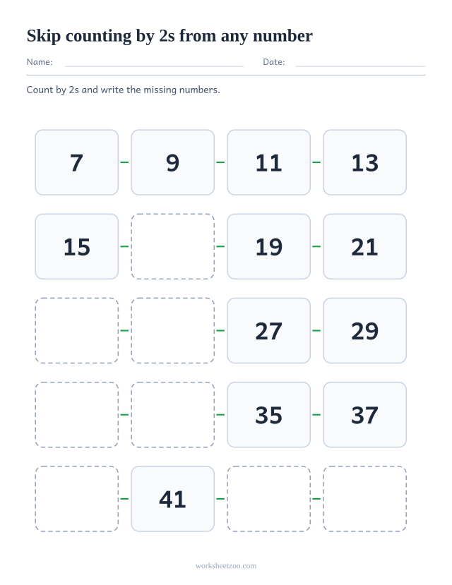 Skip counting by 2s worksheet starting at 7 instead of a multiple, twenty boxes up to 45