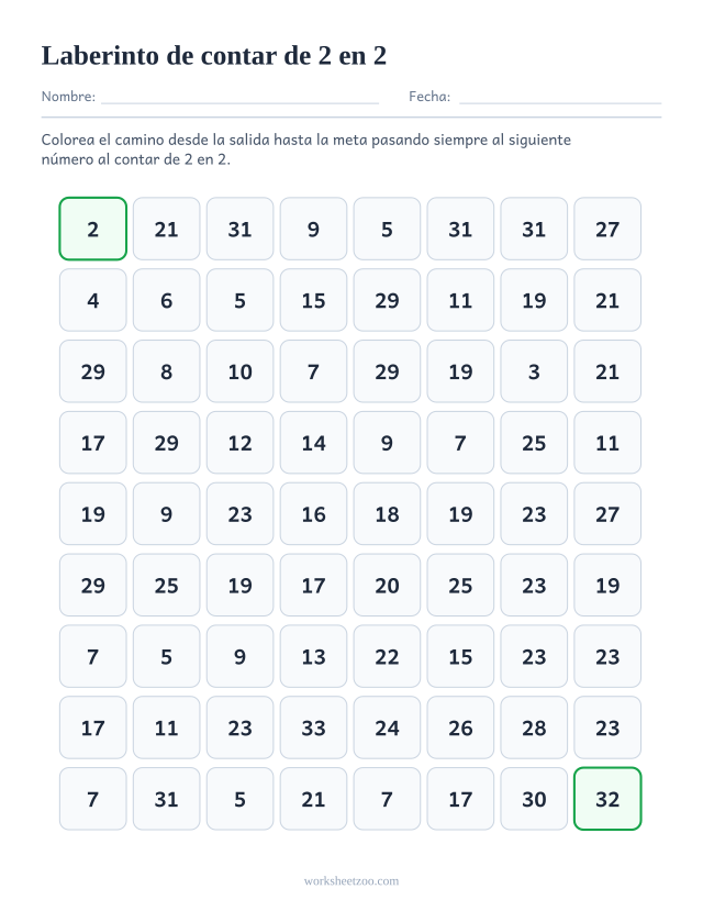 Ficha de laberinto para contar de 2 en 2, cuadrícula de números con un camino de múltiplos de 2 para colorear