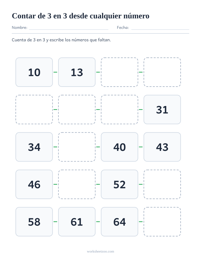 Ficha de conteo salteado de 3 en 3 empezando en el 10 y no en un múltiplo, veinte casillas hasta el 67
