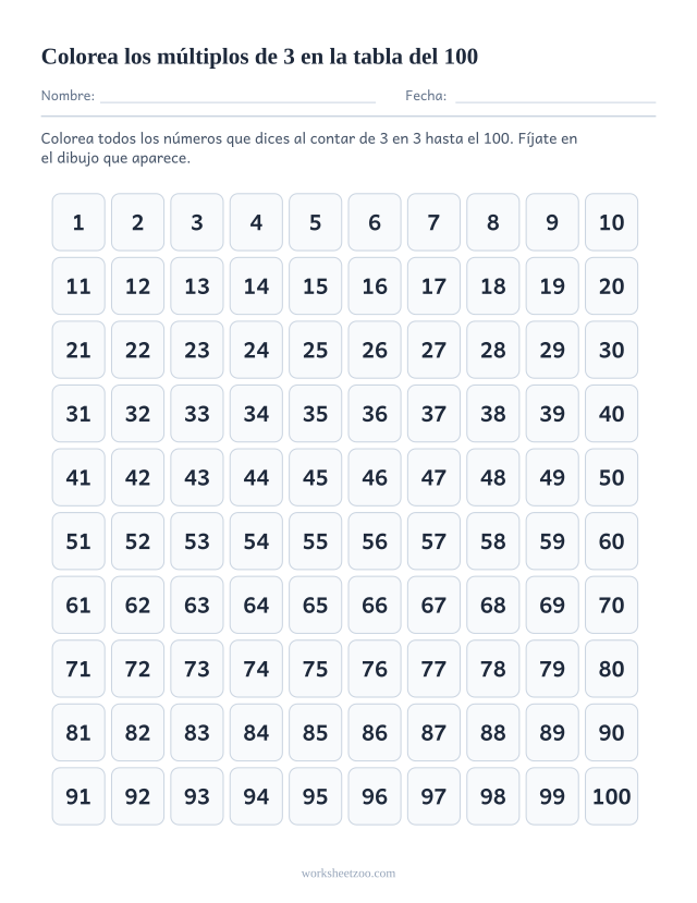 Ficha de la tabla del 100 para contar de 3 en 3, colorea todos los múltiplos de 3 del 1 al 100