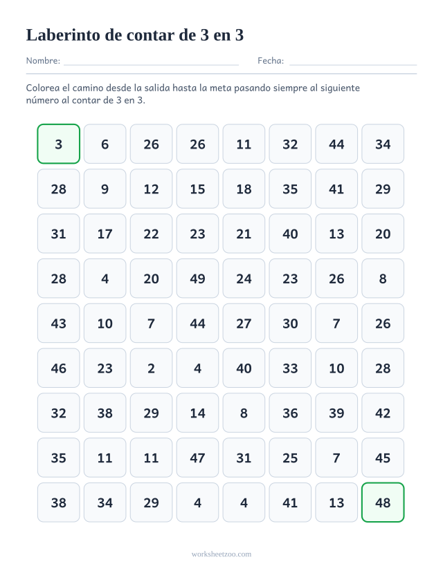 Ficha de laberinto para contar de 3 en 3, cuadrícula de números con un camino de múltiplos de 3 para colorear
