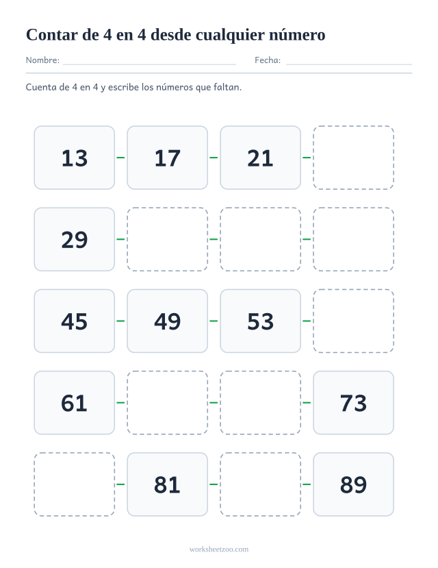 Ficha de conteo salteado de 4 en 4 empezando en el 13 y no en un múltiplo, veinte casillas hasta el 89